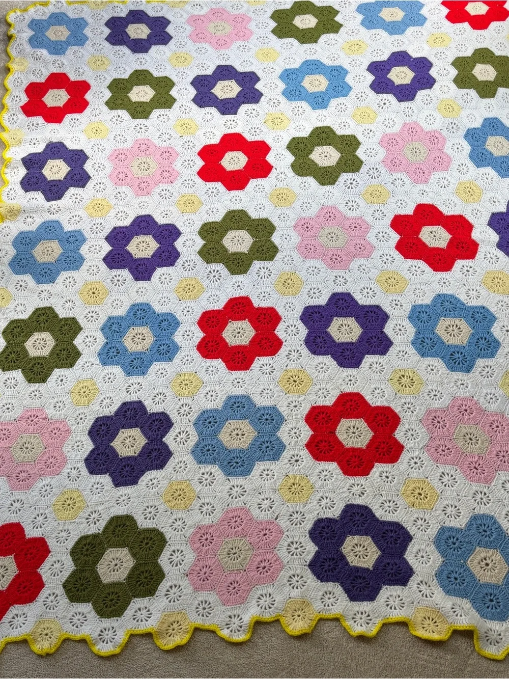 Granny Square Flower Garden Blanket Full Size Hexagon Edge